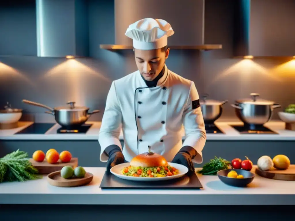 Una cocina moderna con IA preparando recetas francesas innovadoras con IA