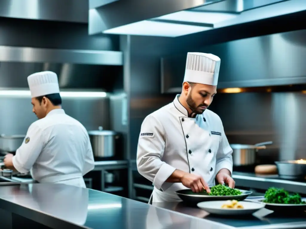 Cocina moderna con influencia Escoffier: Chefs en uniforme blanco preparando platos con precisión y armonía en una cocina profesional