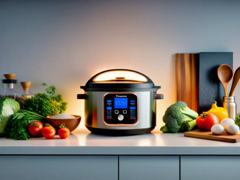 Una cocina moderna llena de Gadgets cocina lenta innovadores y ingredientes frescos