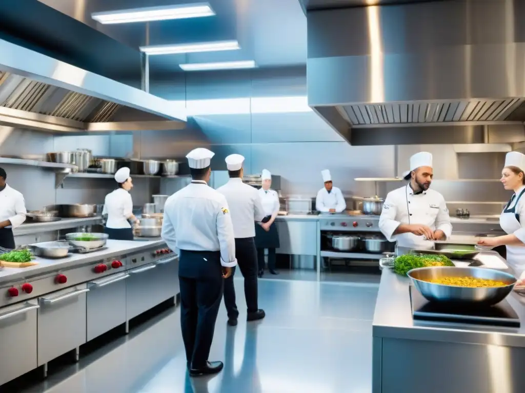 Una cocina moderna de una prestigiosa escuela culinaria francesa, con tecnología culinaria de vanguardia y estudiantes atentos