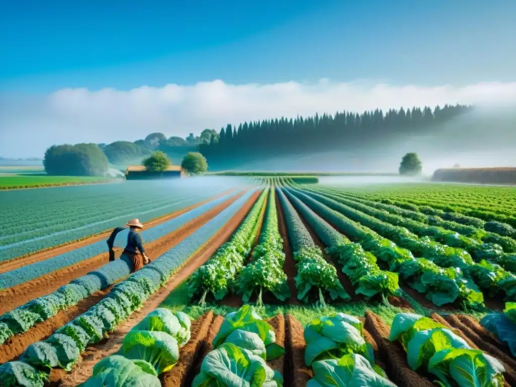 Cocina orgánica en Normandía Bretaña: Granja con verduras coloridas, agricultores y casa rústica bajo cielo azul