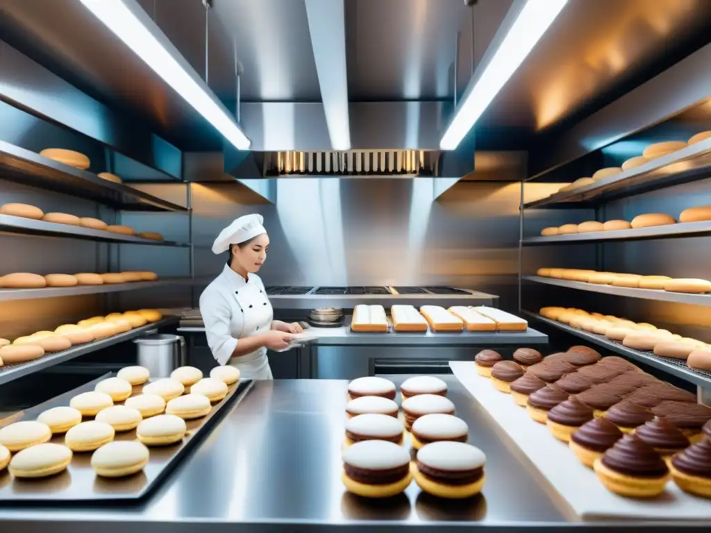 Una cocina de panadería francesa con herramientas modernas y chefs creando exquisitas pastelerías