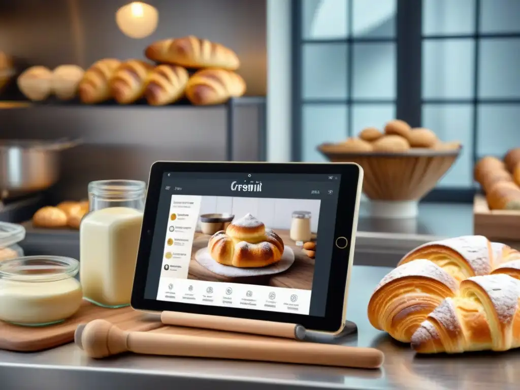Panadería moderna: fusión digital y tradicional Un rincón de la cocina de una panadería francesa con herramientas tradicionales y una tablet mostrando una receta de croissant