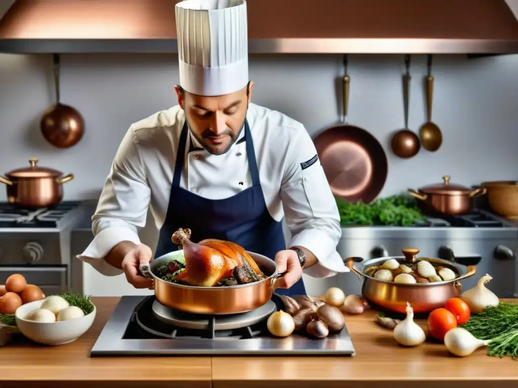 Cocina parisina con estética francesa en gastronomía: Chef preparando Coq au Vin