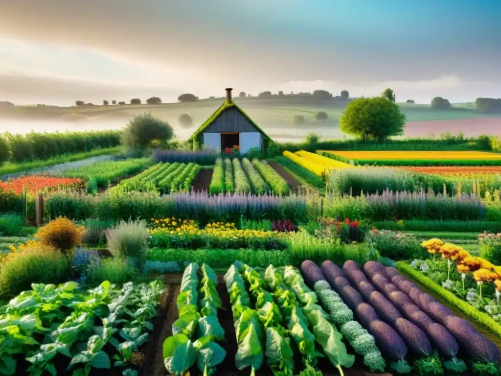 Un jardín de cocina permacultural francés, vibrante y armonioso