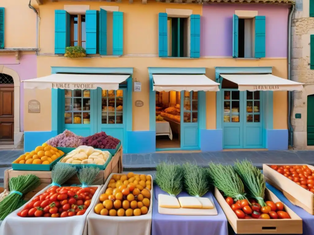 Explorar cocina provenzal en bicicleta: Mercado al aire libre en Provence con productos frescos y coloridas fachadas