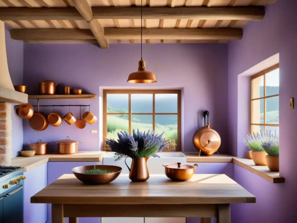 Un rincón de cocina provenzal con campos de lavanda en Provenza, una escena llena de aromas y colores vibrantes