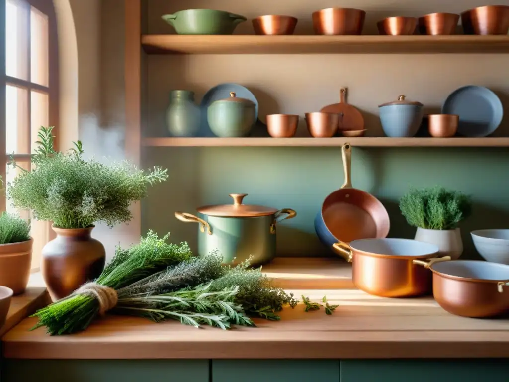Una cocina provenzal con hierbas frescas y chef cocinando