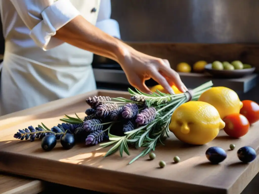 Una cocina provenzal moderna con ingredientes clásicos reinterpretados por chefs, capturando la tradición y la innovación culinaria