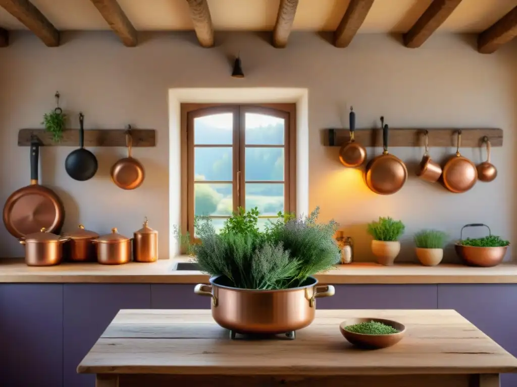 Una cocina provenzal rústica con hierbas frescas y utensilios de cobre colgando, platos característicos