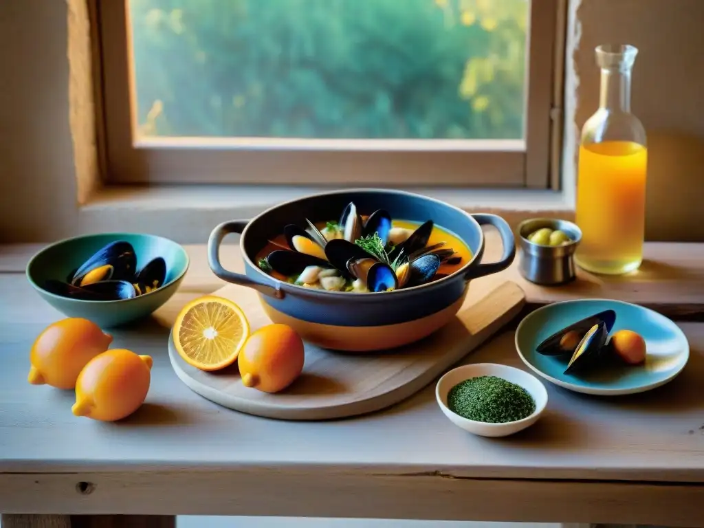 Una cocina provenzal rústica lista para una receta auténtica Bouillabaisse provenzal