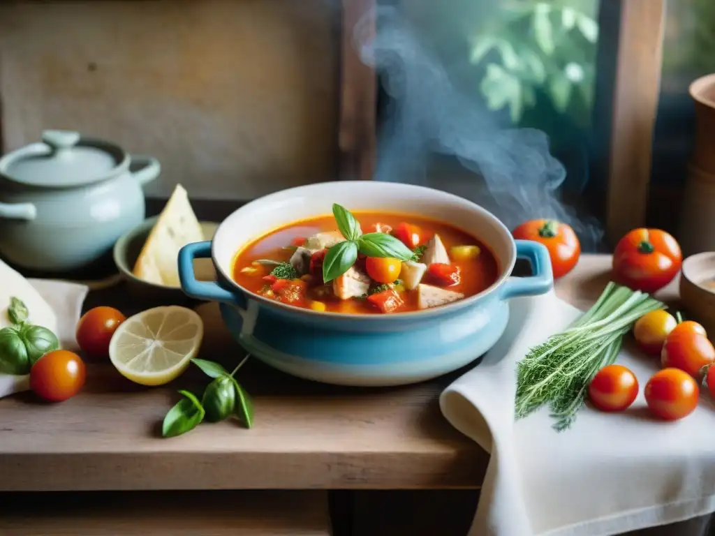 Una cocina provenzal rústica con una mesa de madera adornada de ingredientes frescos