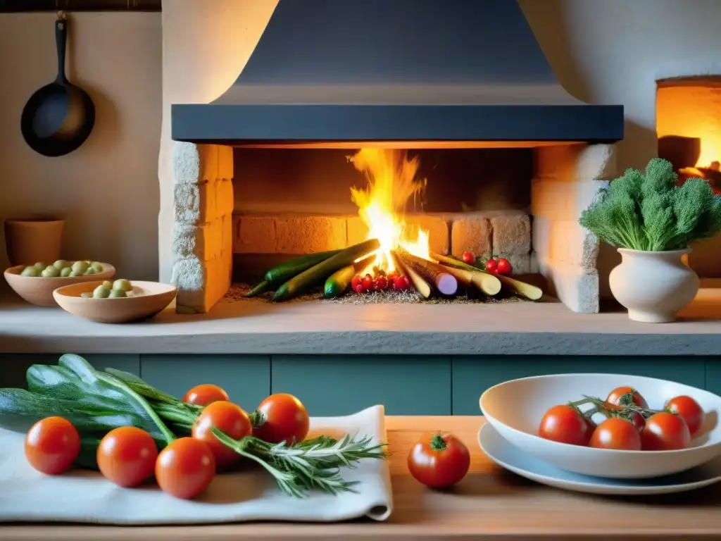 Una cocina provenzal rústica con platos e ingredientes característicos, bañada por cálida luz solar