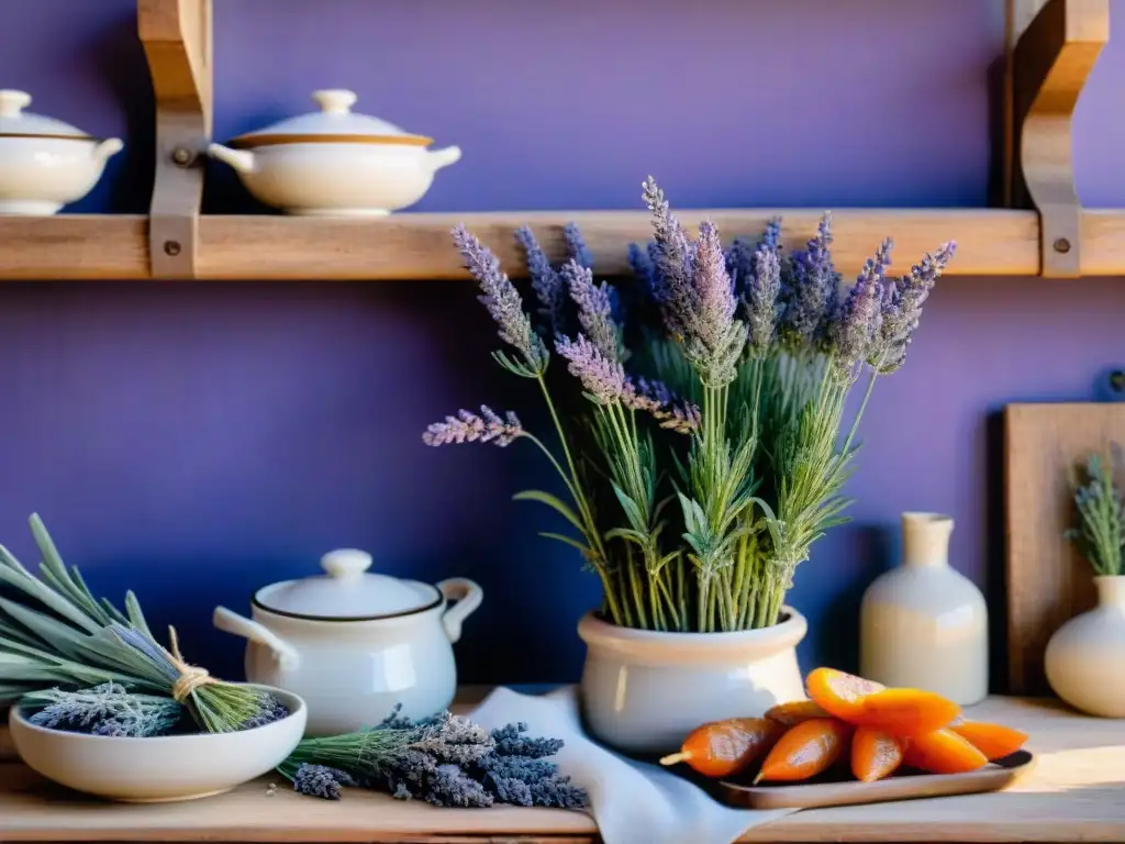 Una cocina provenzal rústica con recetas con lavanda provenzal en una mesa vintage, rodeada de aromas y encanto regional