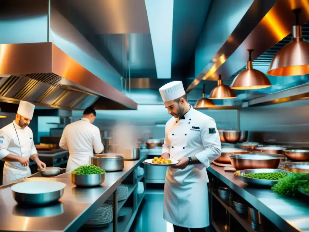 Cocina regional francesa estrella Michelin: Equipo de chefs preparando platos en restaurante de alta cocina francés