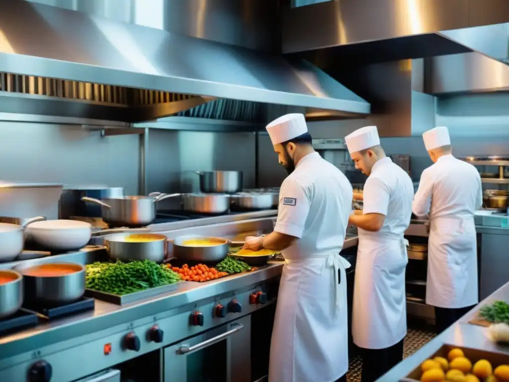 Cocina de restaurante bulliciosa y vibrante en horas pico, chefs preparando platos con precisión rodeados de ingredientes coloridos y ollas humeantes