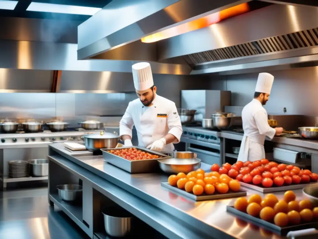 En la cocina de un restaurante francés de alta gama con estrellas Michelin, chefs preparan platos exquisitos