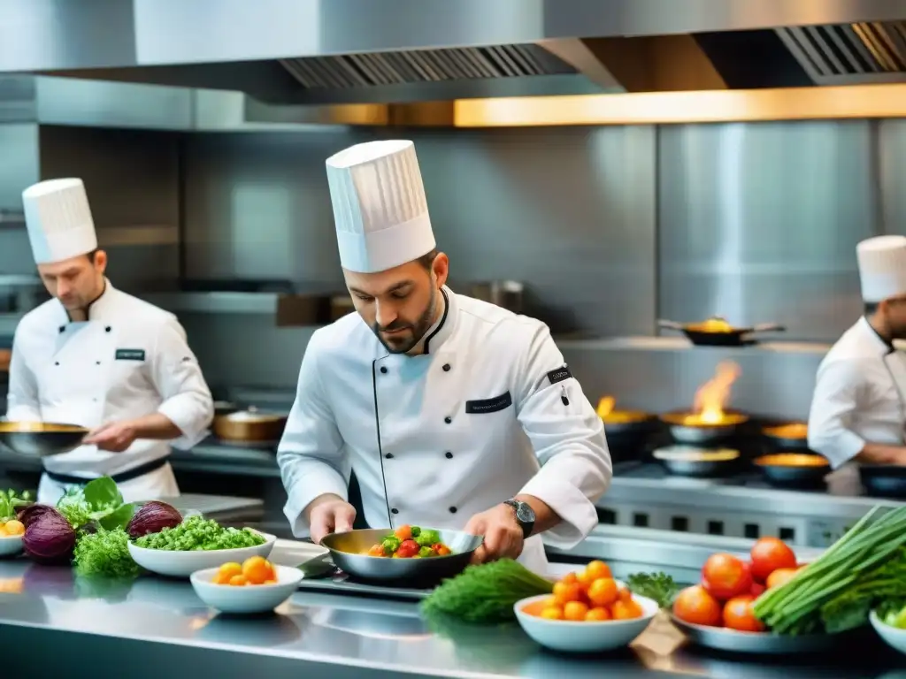 En la cocina de un restaurante francés con estrellas Michelin, chefs crean platos de alta cocina con precisión y arte