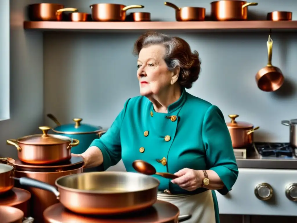 Julia Child en su cocina, rodeada de utensilios de cobre, preparando con pasión un plato francés clásico