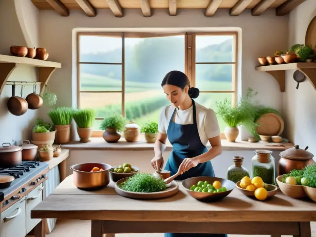 Una cocina rural francesa de otra era digital: mesa de madera, hierbas frescas, olla de cobre, mujer cocinando, conservas en estantes, luz cálida