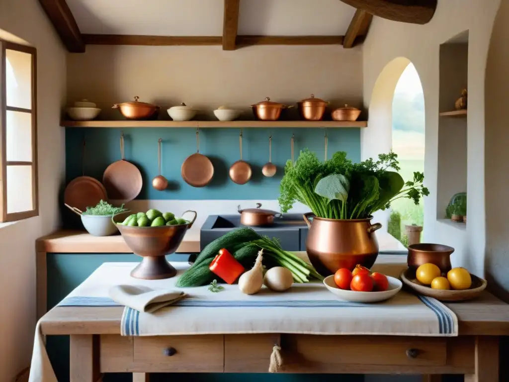 Una cocina rural francesa llena de encanto, con verduras frescas y utensilios de cobre antiguos