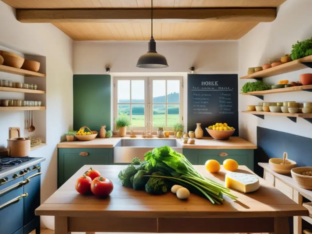 Una cocina rural francesa del siglo XXI: una mesa de madera con vegetales frescos, una olla en la estufa, granja digital