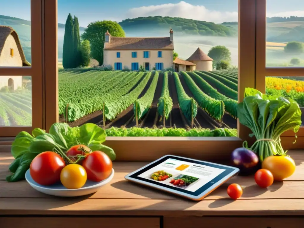 Un jardín de cocina rural francés con verduras coloridas bajo el sol dorado, fusionando tradición y era digital