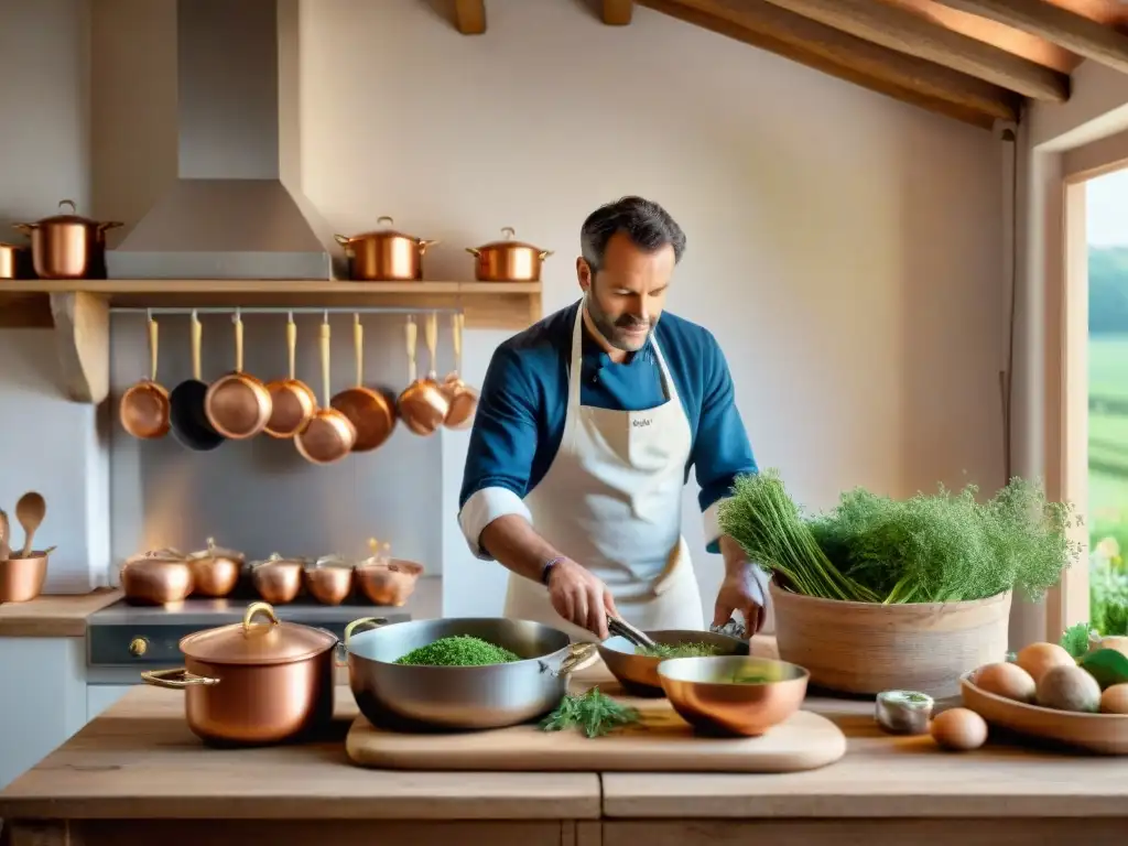 Una cocina rústica francesa con utensilios tradicionales y un chef preparando platos típicos gastronomía francesa