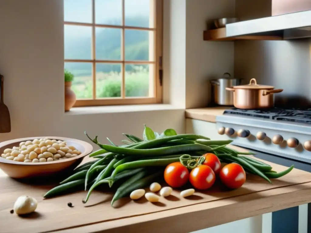 Una cocina rústica francesa con vegetales frescos y legumbres en una mesa de madera, evocando recetas francesas de legumbres saludables