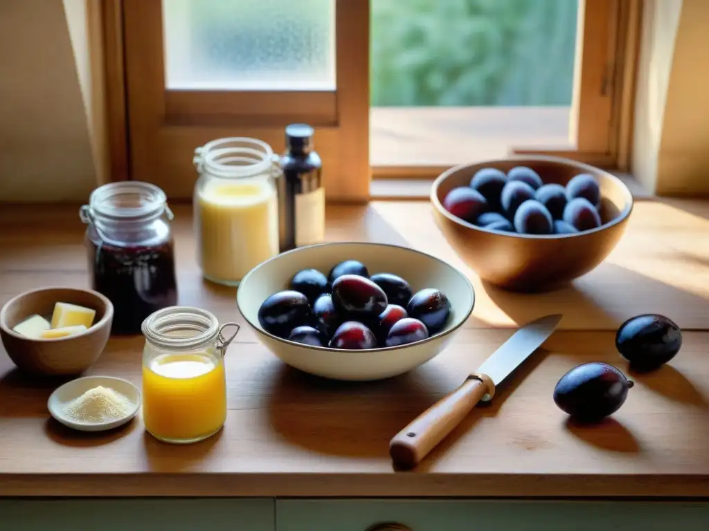 Una cocina rústica con ingredientes para la receta tradicional Far Breton, iluminada por la cálida luz de la mañana