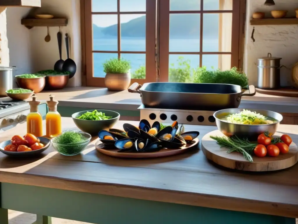 Una cocina rústica provenzal con una mesa de madera llena de mariscos frescos y verduras vibrantes