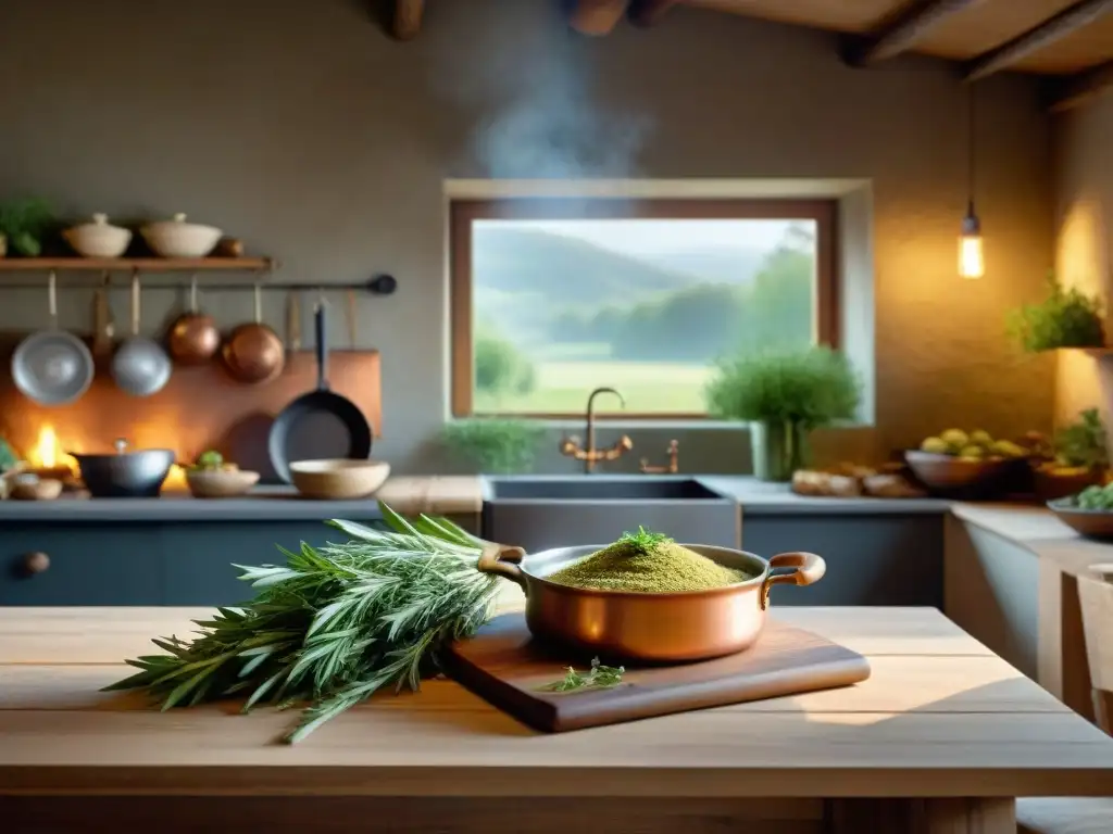 Escena culinaria francesa: mesa rústica con tarragon fresco y olla de cobre Un rincón de cocina francés rústico con recetas con estragón en Francia
