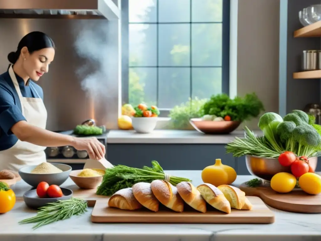 Una cocina serena con ingredientes frescos y un chef preparando croissants