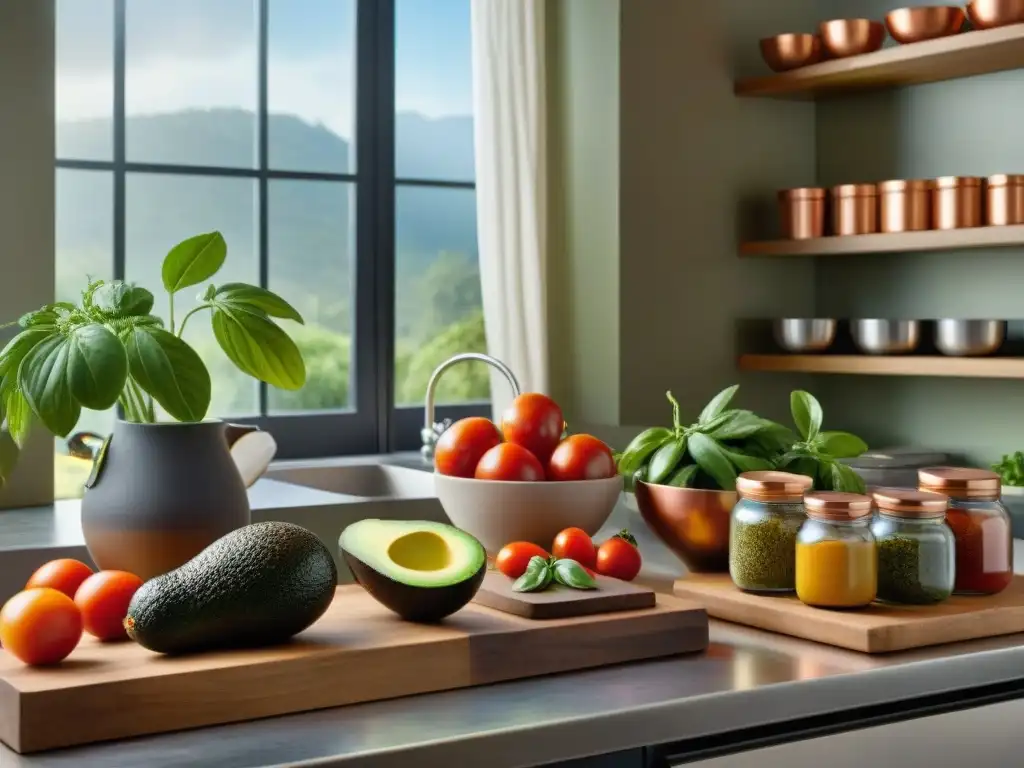 Una cocina serena al amanecer con mise en place impecable y chef preparando un aguacate