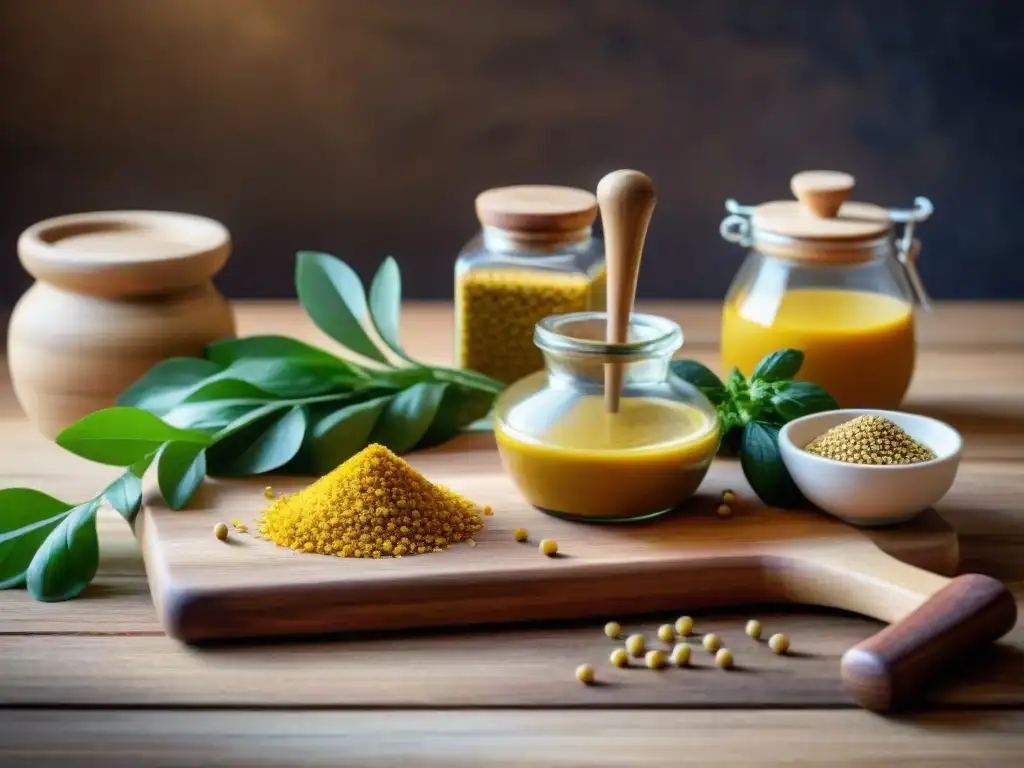 Tabla de cortar rústica con ingredientes para mostaza Dijon Un rincón de la cocina con una tabla de cortar de madera rústica y ingredientes artesanales para hacer Mostaza de Dijon
