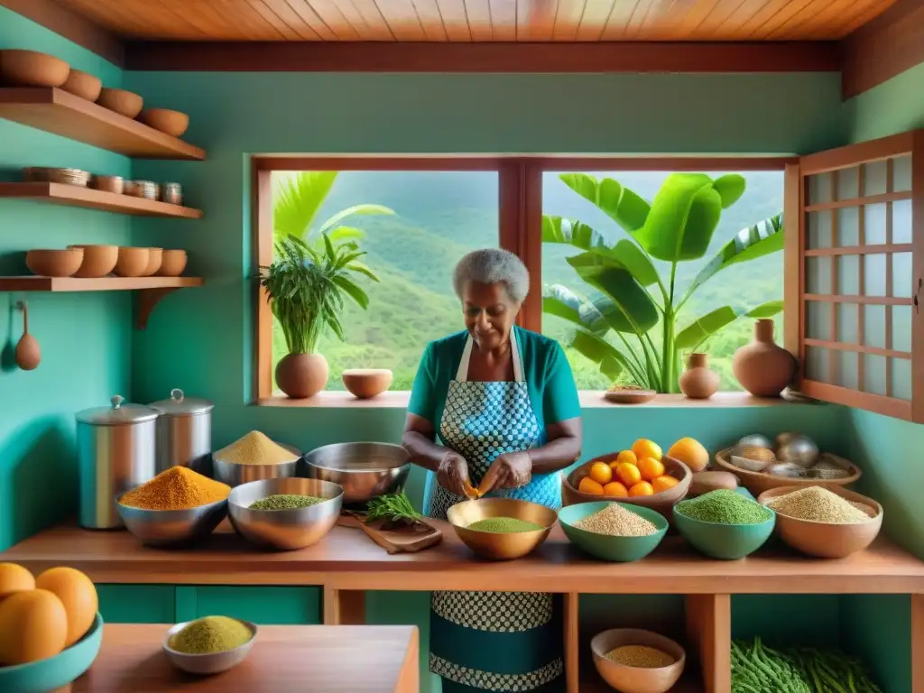 Una cocina tradicional de Mayotte donde una anciana prepara gastronomía francesa tradicional innovadora