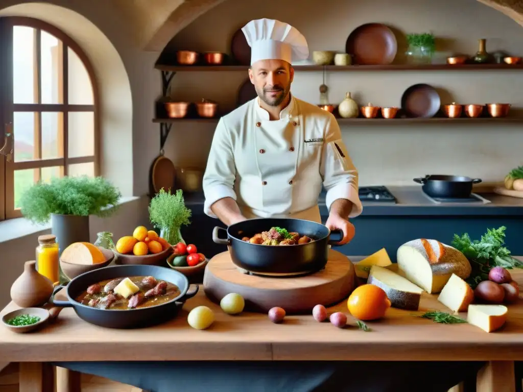 Una cocina tradicional borgoñesa con pan, quesos y carnes, iluminada por el sol