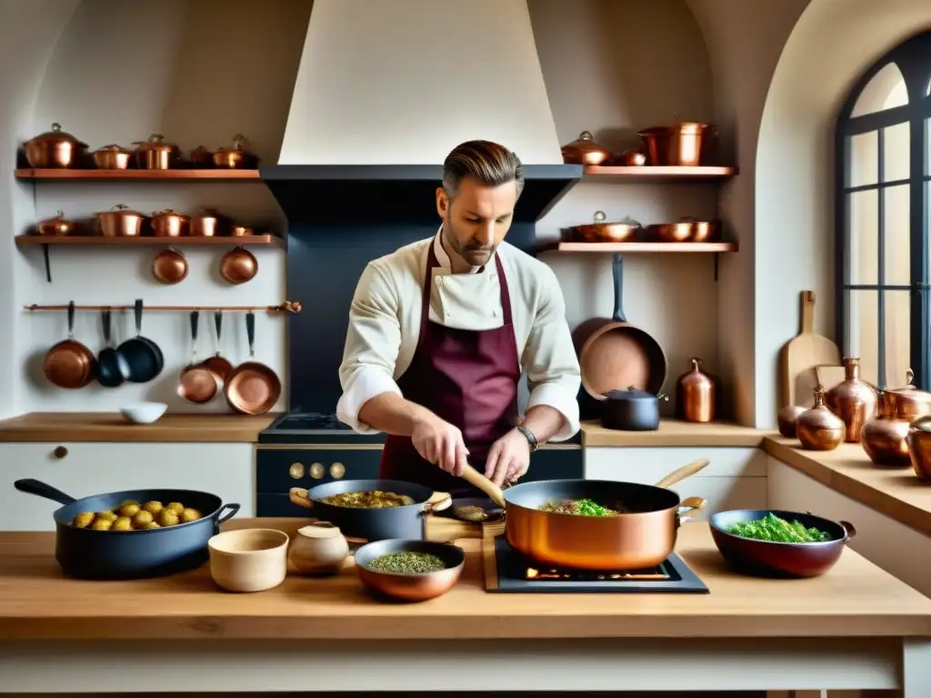 Cocina tradicional de Borgoña Francia: Cocinero preparando Coq au Vin en una acogedora cocina llena de utensilios de cobre y fuego crepitante