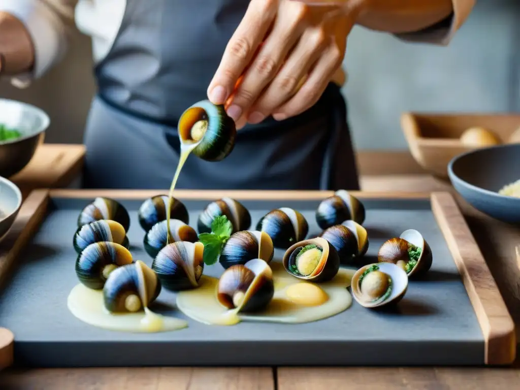 Cocina tradicional de Borgoña Francia: Chef preparando escargots à la bourguignonne en una cocina tradicional