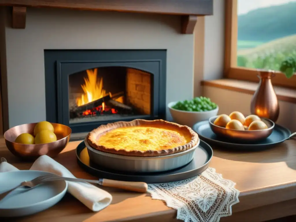 Una cocina tradicional en Lorraine con mesa de madera rústica, vajilla vintage y platos típicos bajo la luz cálida del sol