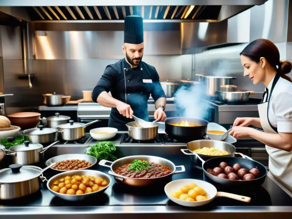 Una cocina tradicional lyonesa rebosante de chefs preparando platos icónicos como Coq au Vin y Quenelles de Brochet