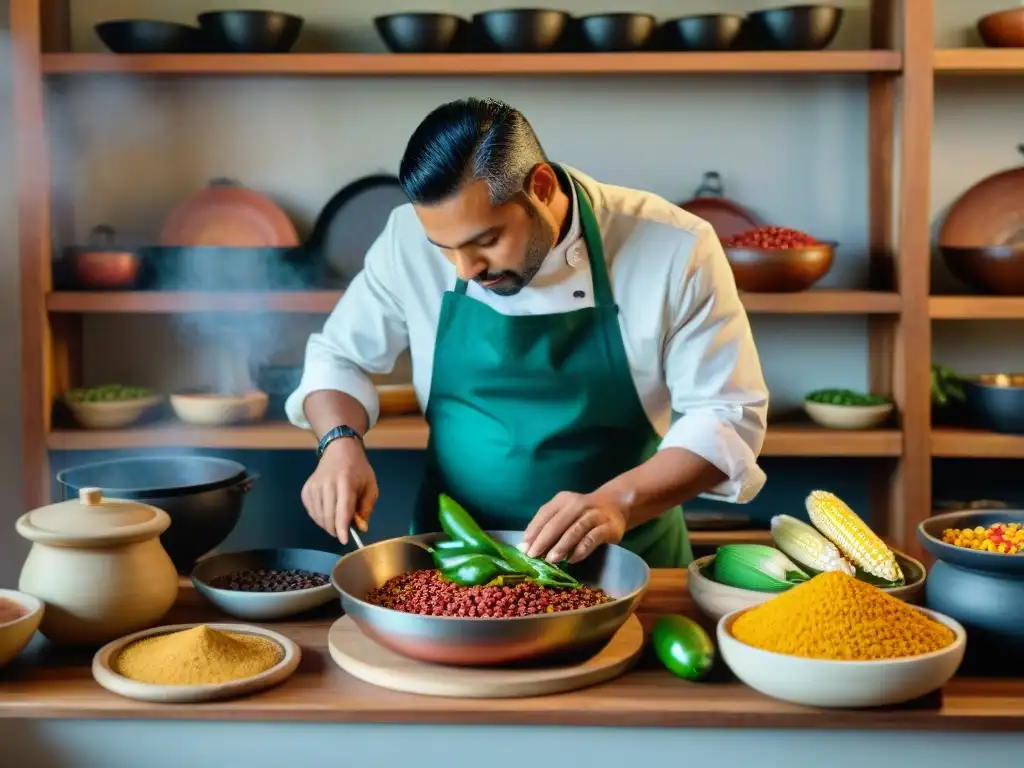 Una cocina tradicional Guadalupe moderna llena de vida, ingredientes coloridos y un chef innovador