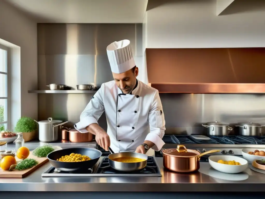 Músico francés en cocina tradicional parisina, rodeado de chefs enérgicos