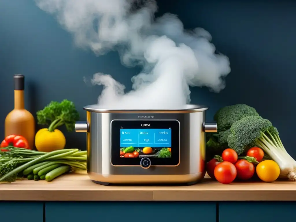 Una cocina al vacío para principiantes: verduras vibrantes en baño de agua, utensilios y libro de recetas, con máquina sous vide en acción