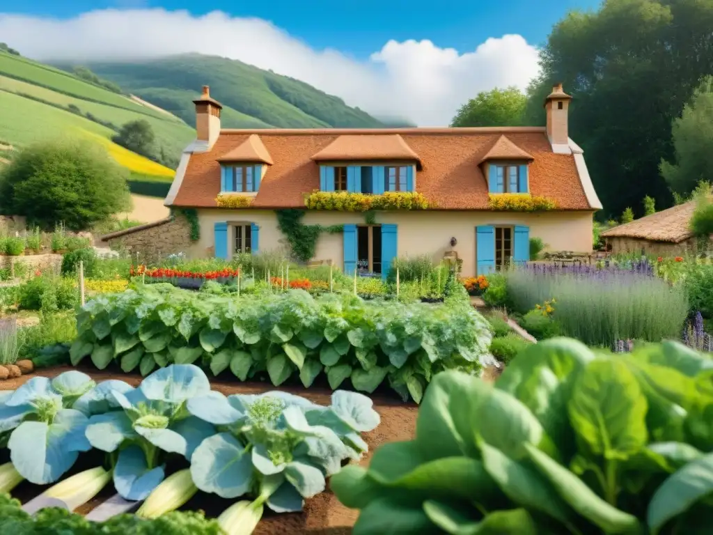 Un jardín de cocina vibrante y exuberante en la campiña francesa, con camas elevadas llenas de vegetales coloridos y flores comestibles