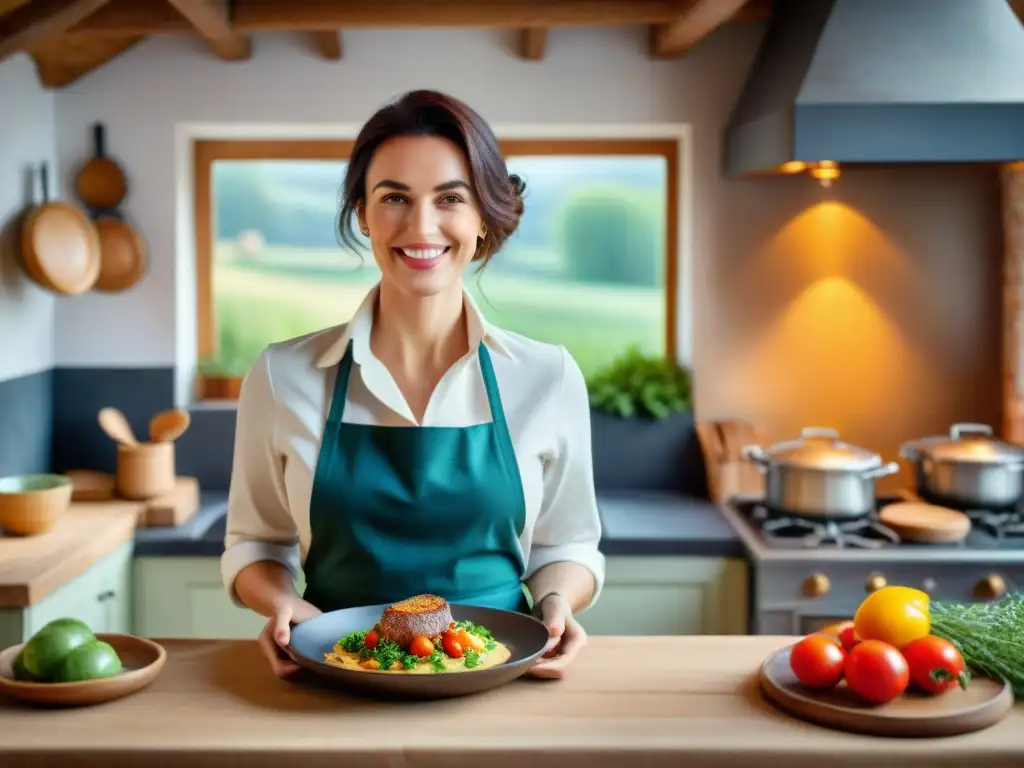 Una cocinera francesa sonriente muestra un plato exquisito en una cocina rústica