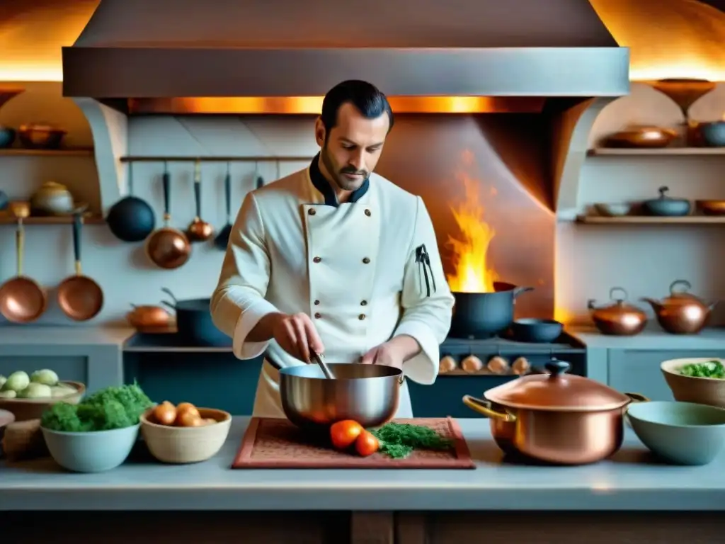 Un cocinero en un detallado escenario de cocina francesa del siglo XVIII