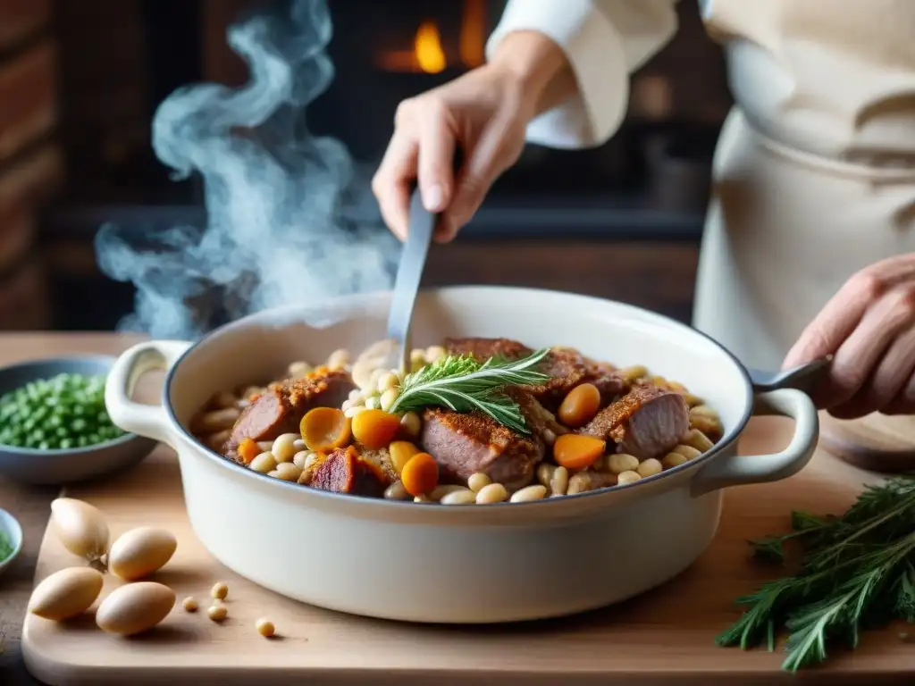 Cocinero experimentado preparando Cassoulet receta tradicional francesa con cuidado y maestría en cálida cocina rústica