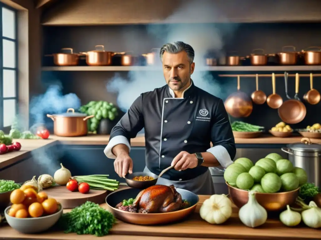 Un cocinero experto preparando Coq au Vin en una cocina tradicional de Borgoña, evocando innovaciones culinarias en Borgoña