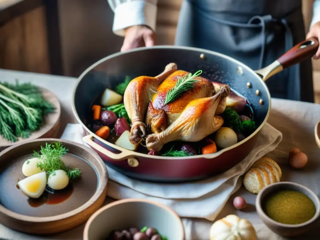 Cocinero experto preparando un coq au vin en una cocina rústica de Borgoña, Ródano-Alpes